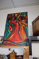 Full view of the larger 24x36 inch acrylic painting on canvas with abstract figures in bright colors.