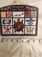 Top header card showing the Petroglyphs Rubber Stamp Set with labeled petroglyph designs and a ruler for scale; approximately 7 inches wide.