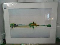 Full view of framed watercolor painting under glass