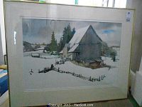 Full framed and matted watercolor painting 'Winter Farm Scene' by William Sherman, showing overall condition