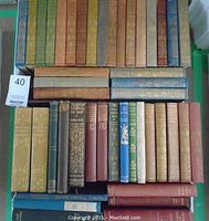 Top-down view showing the full lot arranged on a table, highlighting the variety of colors, decorative gold embossing on spines, and multiple volumes.