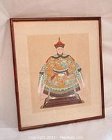 Full view of framed watercolor painting on silk showing subject and wood frame