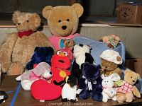 Front view of plush stuffed animal collection including various teddy bears, a red Elmo, a penguin, panda, and heart-shaped pillow.