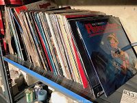 Shelf with a large collection of over 40 vintage laser discs with the front cover of Pinocchio visible prominently in front.