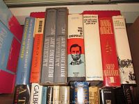Books aligned in a box, showing titles about history, art and conspiracy.