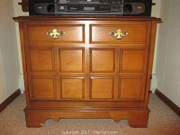 Front view of medium wood tone cabinet with paneled front and brass hardware pulls.