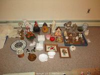 Overview of all decorative items including cat figurines, plates, candy dishes, flower containers, and framed pictures.