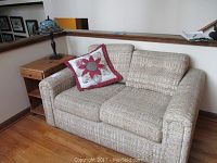 Photo of beige twin sleeper sofa with two seat cushions and decorative flower motif pillow, positioned next to wooden rolling side table with two open shelves and lamp on top.