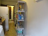 Beige 4-shelf plastic storage shelf standing in a kitchen hallway, filled with various household products, cleaning supplies, and containers.