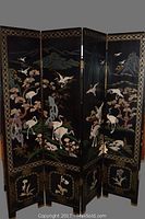 Full front view of four-panel screen showing crane and landscape inlays