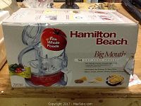 Photo showing Hamilton Beach Big Mouth 14 Cup Food Processor box with product image and key features.