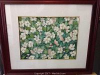 Full view of framed watercolour painting showing the floral apple blossom artwork with white and pink blossoms and green leaves under glass.