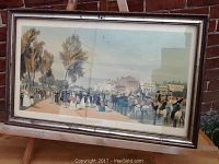 Full view of the vintage Victorian scene print in a silver-colored period frame, showing the entire illustrated street scene with people and carriages.