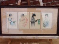 Overall view of framed print showing four watercolor style illustrations of women and the frame.