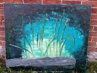 Frontal view of large oil painting depicting abstract plant forms with green and blue tones.