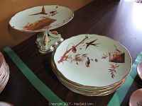 Photo showing six plates stacked with a cake plate on a pedestal nearby with detailed base design and birds and branch motifs on pale green background.