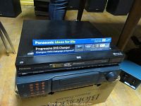 Panasonic DVD/CD player model DVD-F65 shows the whole unit stacked and front panel with disc tray and controls visible.