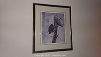 Framed limited edition Pattee print showing owl on a branch with purple-grey background.