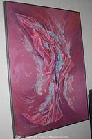Full view of acrylic painting showing abstract textured design in pink and blue tones