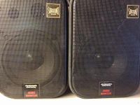 Close-up of two Pyramid Gold Series 4080 monitor speakers front with black mesh grills and brand logos