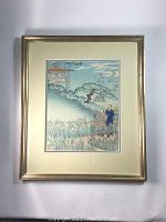 Framed Japanese woodblock print with garden and pavilion scene, full view