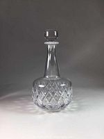 Full view of the Orrefors Elizabeth cut crystal decanter with stopper, showcasing its overall shape and intricate cut pattern.