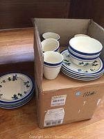 Dining set including plates, bowls and mugs inside and outside of a cardboard box showing the blueberry pattern and blue stripes on the rims.