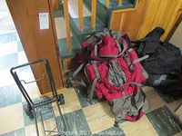 Two large knapsacks and one black backpack shown near wooden steps on floor with black, white and green tiles.