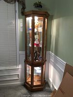 Full view of the curio cabinet in a room corner showing wood finish, glass doors, and lighting inside.
