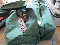 Green zippered canvas storage bags containing tree and decorations, partially open to show contents.