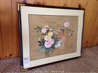 Frontal photo of the framed Oriental style floral painting showing full artwork and frame.