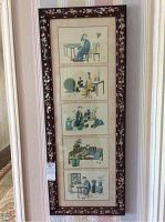 Full view of framed Oriental art showing five distinct scenes vertically arranged in a decorative inlaid wood frame.