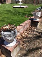 Two cement urn planters positioned on brick ledge outdoors, showing overall arrangement and scale.