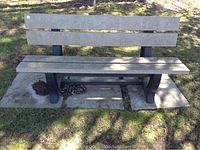 Front view of a synthetic park bench with three synthetic planks for the backrest and seat each, black metal legs, mounted on concrete slabs outdoors.