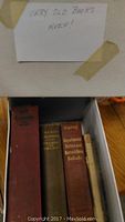 Photo of very old hardcover books including titles on scientific and literary subjects inside a box labeled 'Very Old Books Keep!'