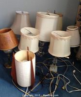Overview photo showing eight assorted table lamps placed on a blue carpeted floor, including metal, wood, and glass bases with cream and tan fabric shades.