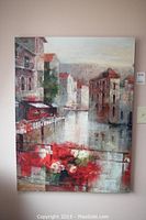 Frontal image of the full painting showing canal, buildings, and red flowers