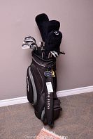 Photo showing golf bag with multiple clubs and wood covers inside.