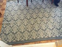 Full view of rectangular area rug showing pattern and general condition on wood floor, partially under furniture.