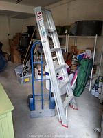 Werner 6 ft ladder leaned against a blue heavy duty hand truck in a storage area with various items on shelves in the background.