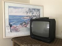 Black Magnavox CRT TV sitting on a wicker surface with a remote on top, next to a framed coastal landscape artwork showing an ocean view with cliffs and trees.