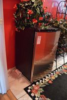 Exterior front view, stainless steel door closed, black cabinet sides, potted plant on top