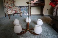 Chandelier with five frosted glass globes arranged around teak wood arms on carpeted floor.
