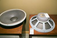 Front view of left woofer cone and rear view of right woofer basket and magnet on wood table
