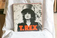 T. Rex self-titled vinyl album cover with black and white photo and orange text.
