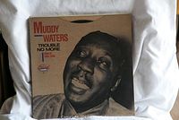 Album cover of Trouble No More vinyl record, featuring a sepia-tone photo of Muddy Waters' face smiling.
