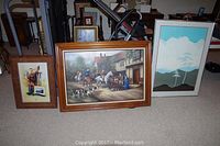 Three framed art pieces visible including a central horse countryside canvas print (wood framed, 23x36) and two other framed arts including an abstract landscape.