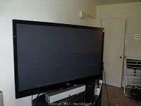 Front view of TV on stand in living area