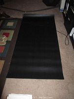 Photo showing the full treadmill mat laid out on carpet floor with surrounding area including shoes and part of exercise machine visible.