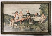 Frontal image of Victorian signed print framed under glass showing humorous outdoor scene with figures around table and child fishing